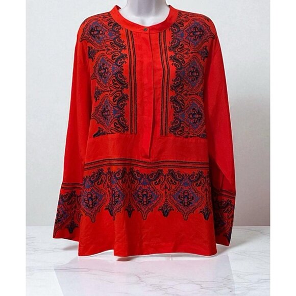 J. Crew Asian Inspired Paisley Henley Tunic Top Size XL Red Long Sleeve - Picture 2 of 11